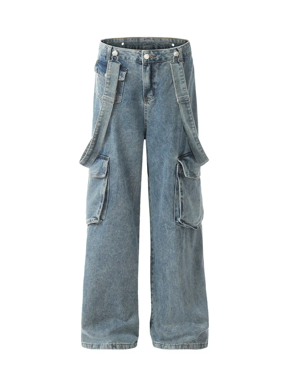 Retro Detachable Strap Multi-Pocket Jeans