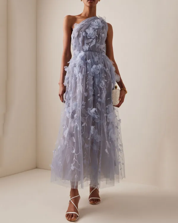Wisterial Tendrils Appliquéd-Tulle Midi Dress