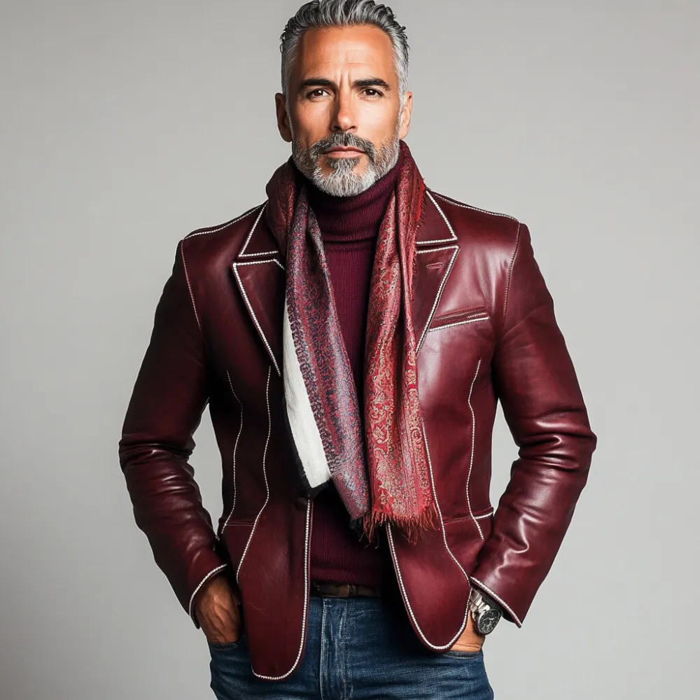 Men's PU Leather Lapel Single Breasted Contrast Binding Blazer