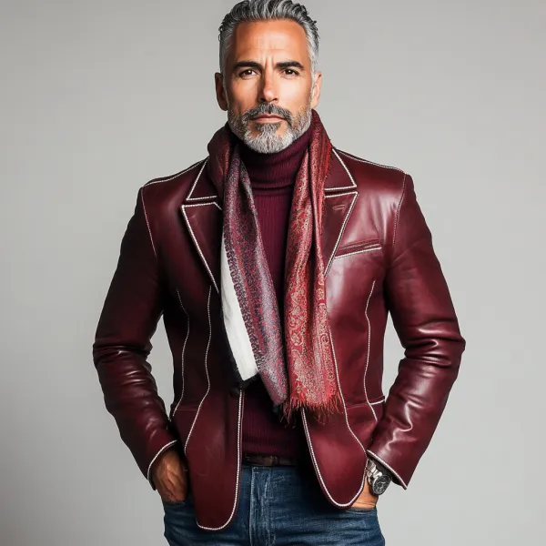 Men's PU Leather Lapel Single Breasted Contrast Binding Blazer