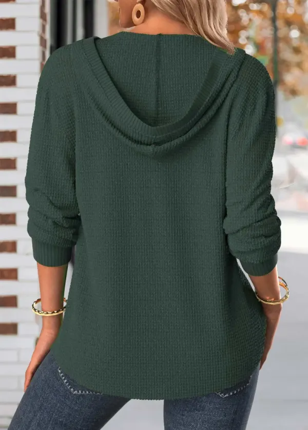 Blackish Green Button Long Sleeve Hoodie