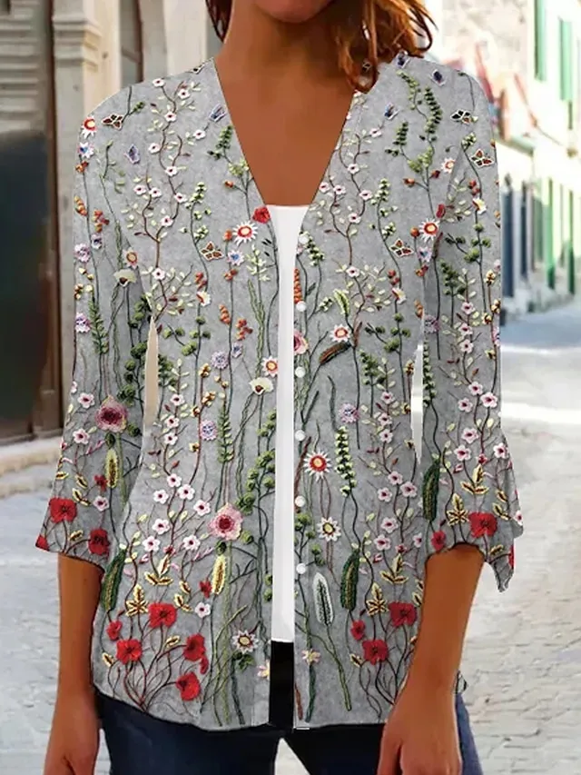 Women's Shirt Blouse White Red Purple Graphic Floral Print 3/4 Length Sleeve Casual Basic V Neck Regular Floral S