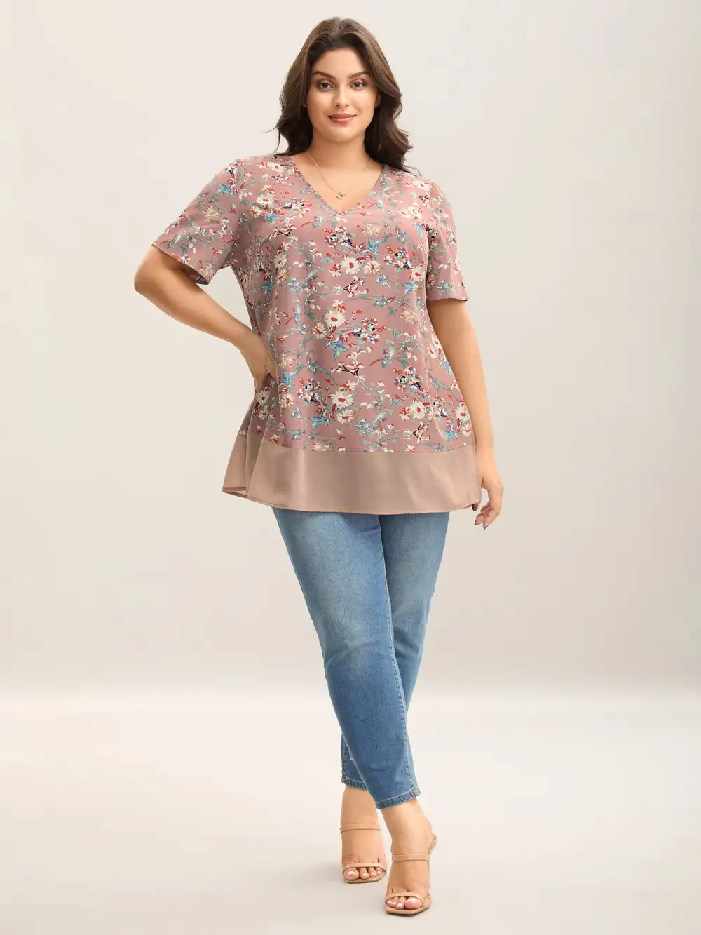 Garden Print Spliced V-Neck Blouse