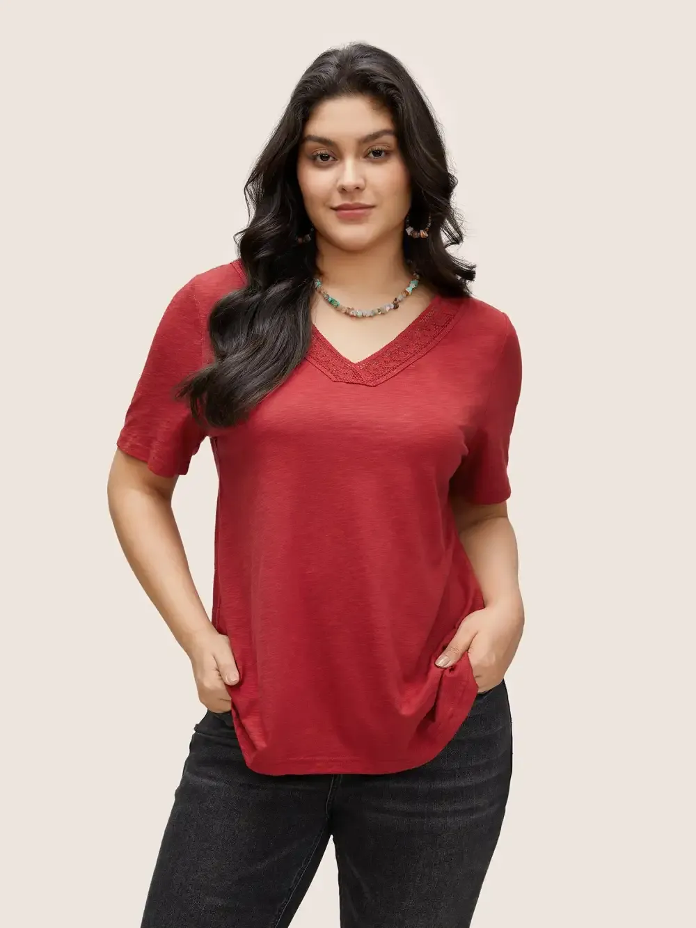 Plain V Neck Lace Panel T-Shirt