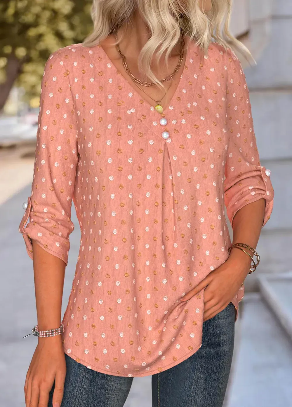 Dusty Pink Tummy Coverage Long Sleeve V Neck Blouse