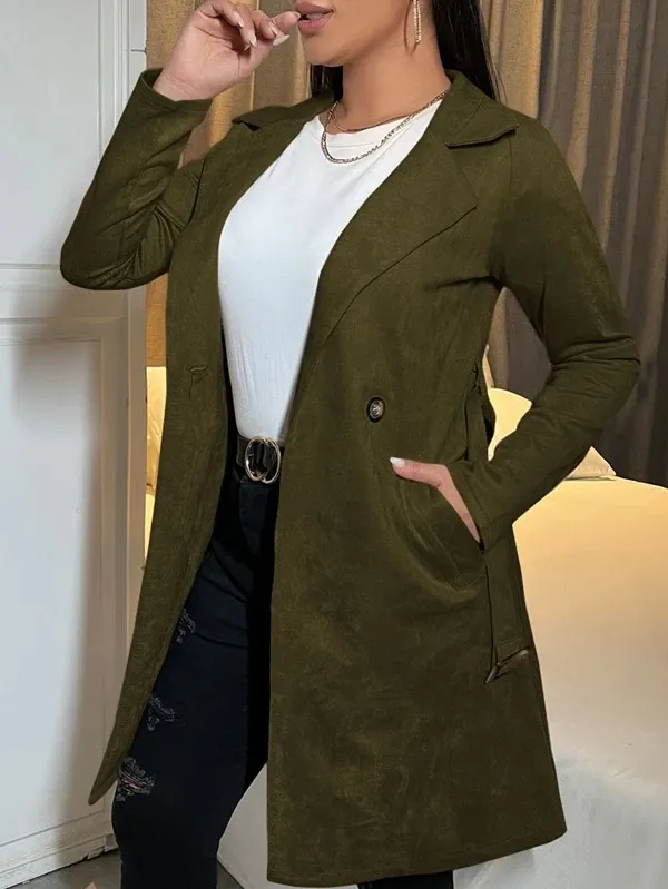 Double Button Lapel Collar Belted Suedette Coat
