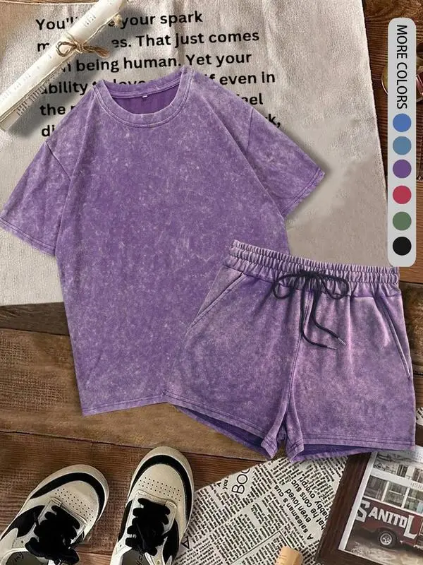 Women's Solid Tee & Denim-Print Shorts – Casual Summer Outfit for Daily Wear