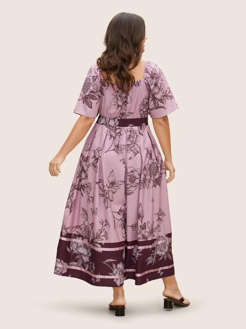 Boho Print Heart Neckline Ruffle Sleeve Maxi Dress