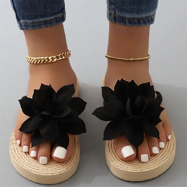 Women's Slippers Boho Bohemia Beach Outdoor Slippers Beach Slippers Outdoor Beach Solid Color Flower Flat Heel Elegant Casual PVC Loafer Black Pink Green