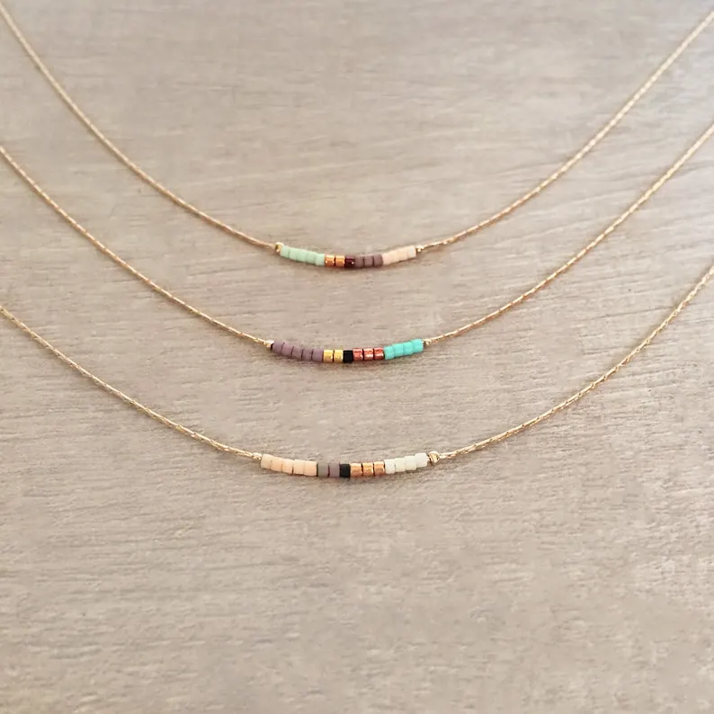 Rose Gold Dainty Beaded Necklace, Boho Delicate Minimalist Jewelry Short Layering Necklace, Colorful Simple Minimal Bridesmaids Gift