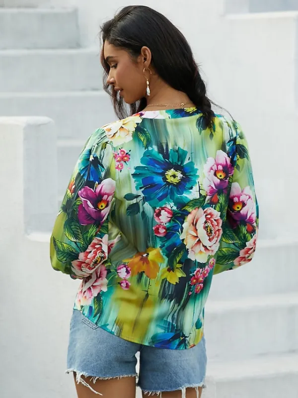 Women's Shirt Blouse Floral Button Print Casual Holiday Daily Basic Long Sleeve V Neck Blue Fall & Winter