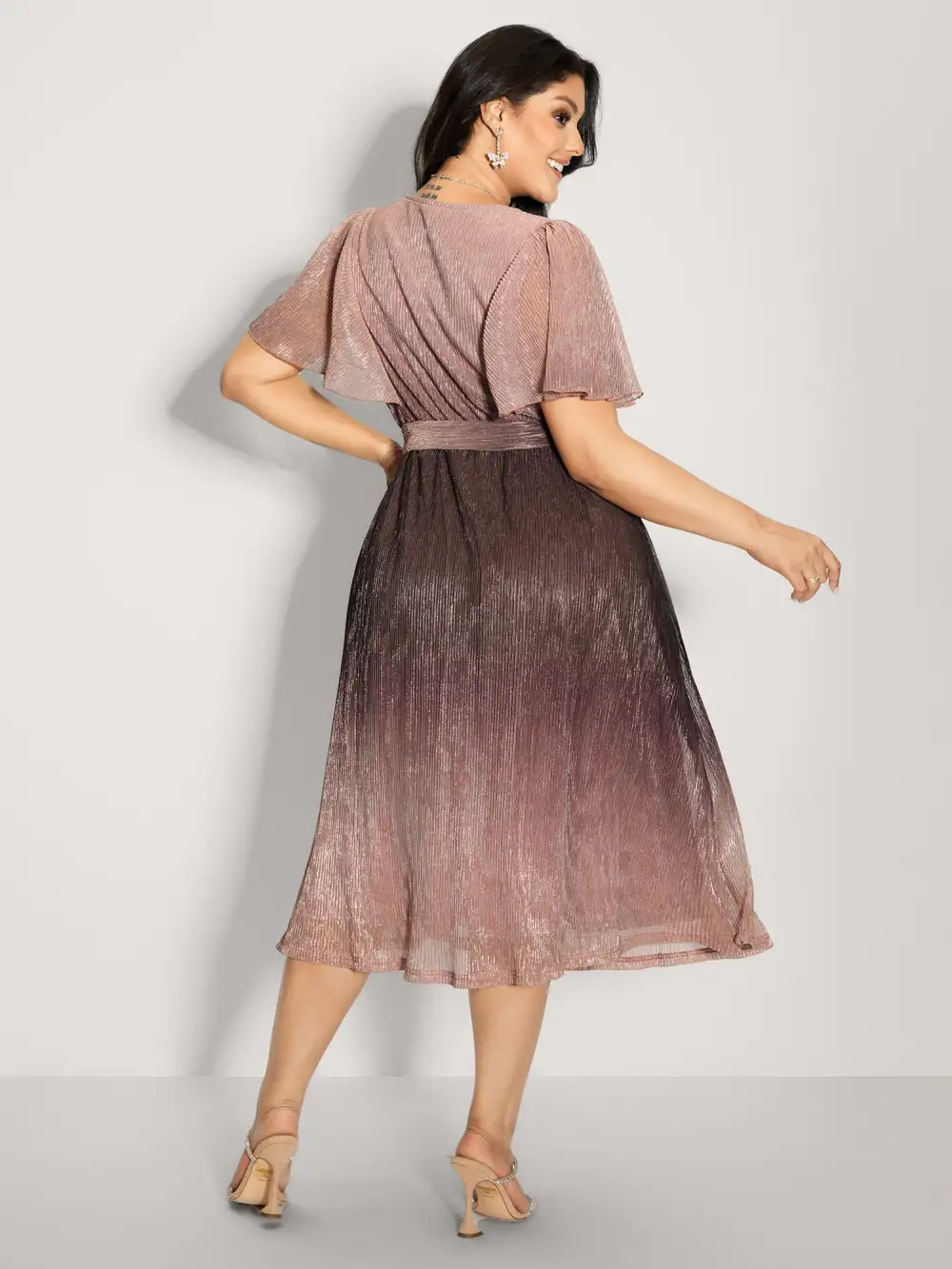 Color Gradient Pockets Belted Midi Dress