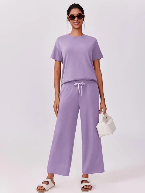 2 Piece Tracksuit for Womenswear Soft Short Sleeve Outdoor Wide Adjustable Leg Pockets Pants Lounge Matching Travel