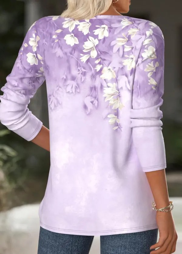 Light Purple Floral Print Long Sleeve T Shirt