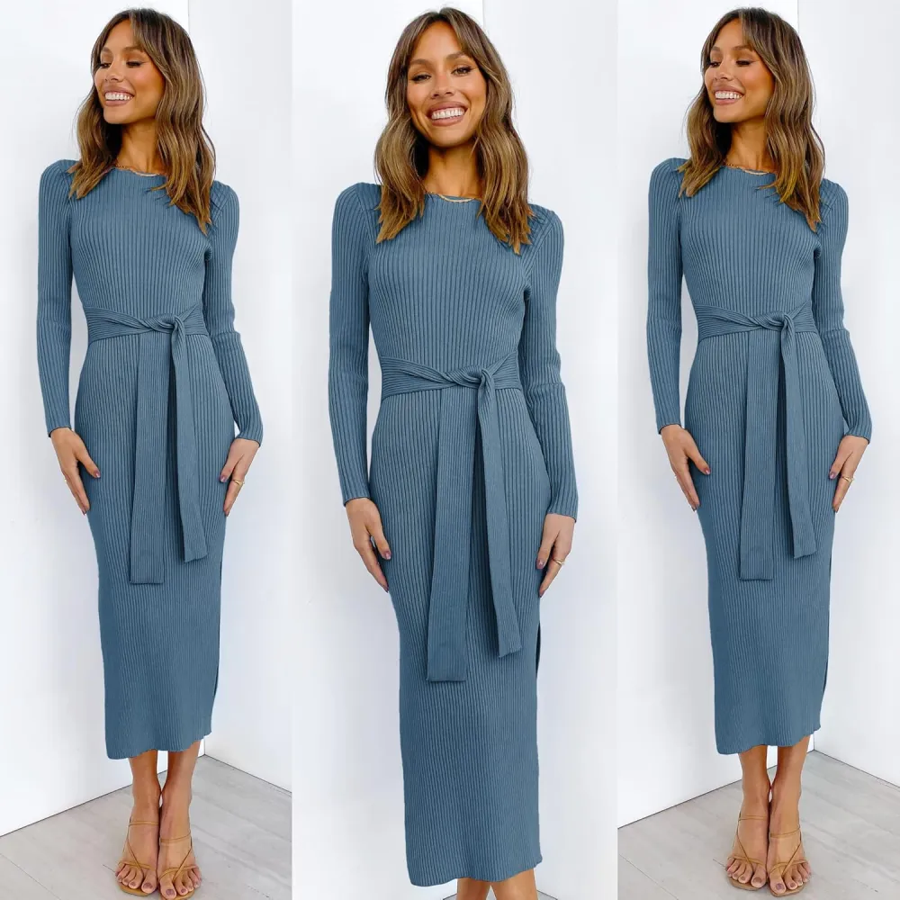 Long Sleeve Sweater Dress Crew Neck Slim Fit Slit Tie Waist 2024 Ribbed Knit Bodycon Midi Dress Fall Outfits