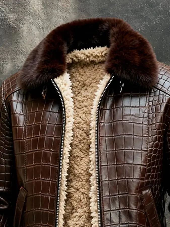 Men's Vintage Plush Warm Crocodile Textured Outdoor Jacket Leather Coat