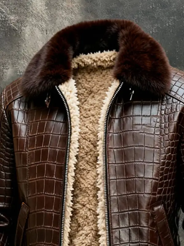 Men's Vintage Plush Warm Crocodile Textured Outdoor Jacket Leather Coat