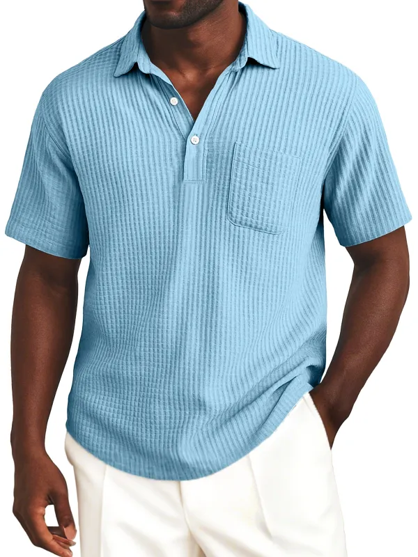 Men's Simple Everyday Solid Color Waffle Lapel Button-up Polo Shirt