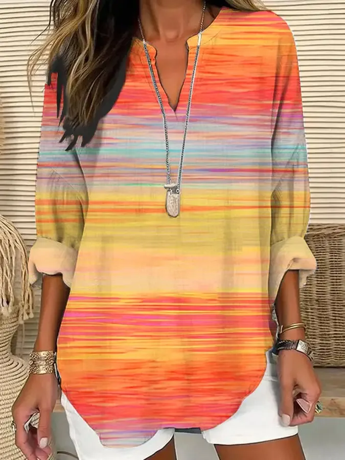 Women's Autumn Casual Gradient Cotton and Linen Long Sleeve Shirt