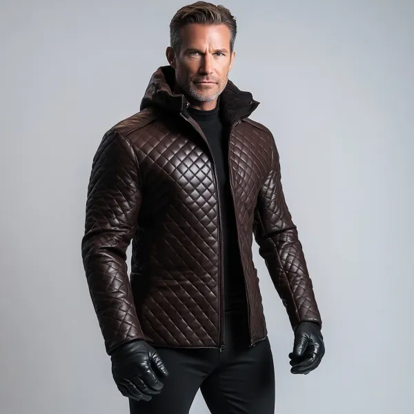 Men's PU Leather Quilted Zipper Hooded Jacket