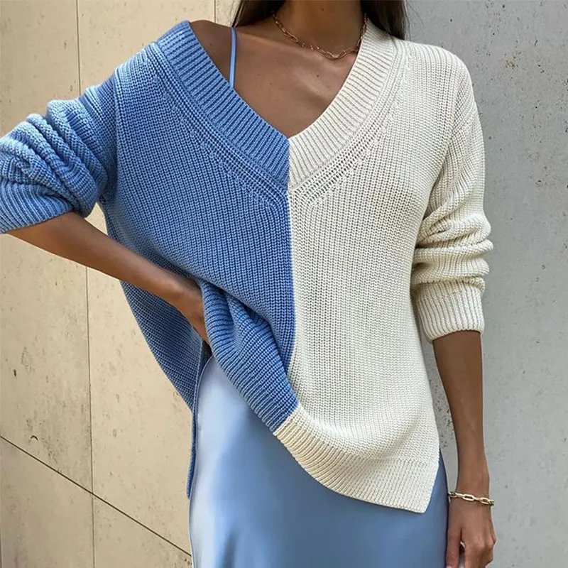 Patchwork V-Neck Loose Knit Woman