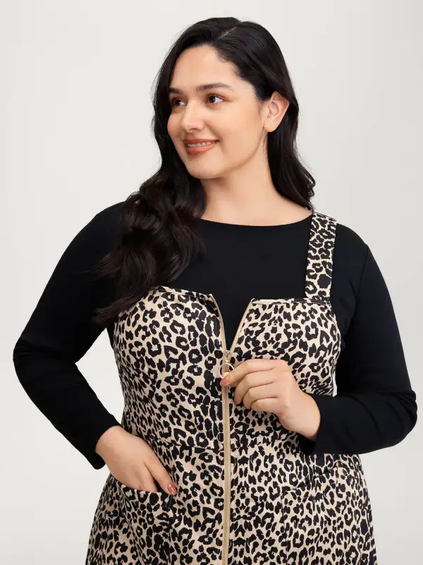 Leopard Print Zipper Front Knee-Length Dress