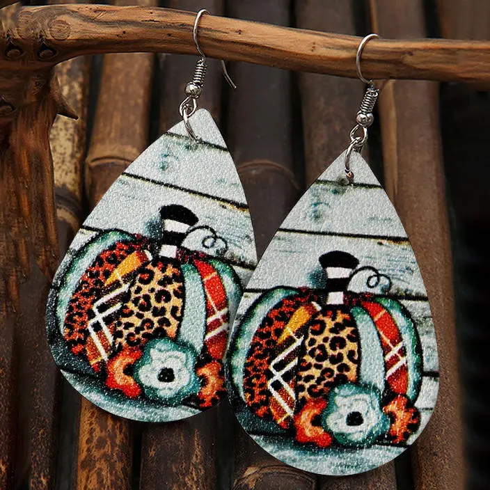 Pumpkin Leopard PU Leather Earrings