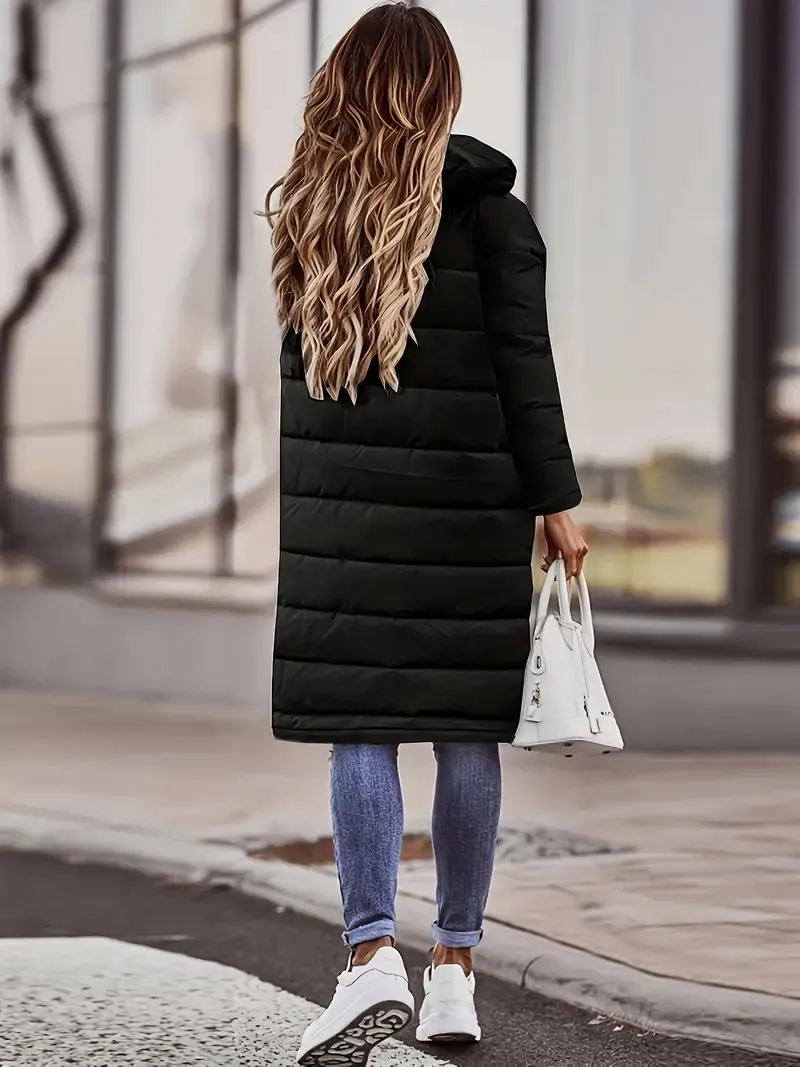 Chic & Cozy Women's Hooded Winter Coat - Warm, Durable, Button-Up Casual Outwear in Solid Color