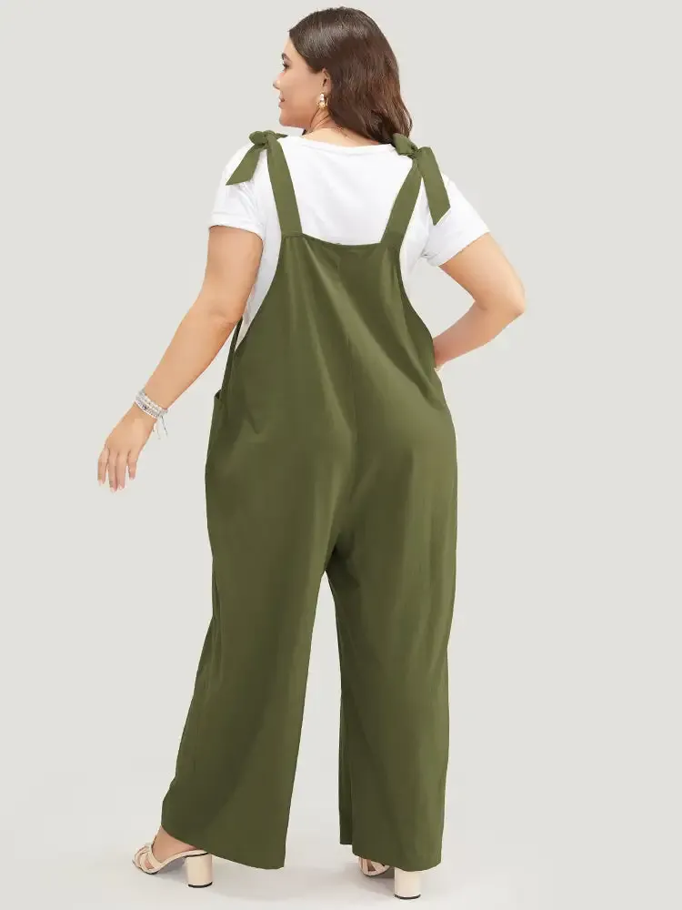 Solid Pleated Detail Pocket Knotted Shoulder Overall Jumpsuit