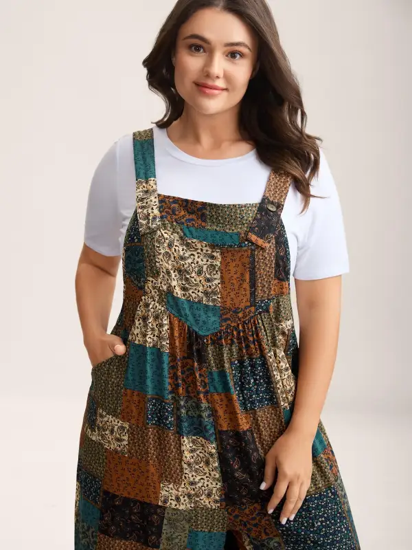 Vintage Boho Collage Overall Straps Jumpsuit