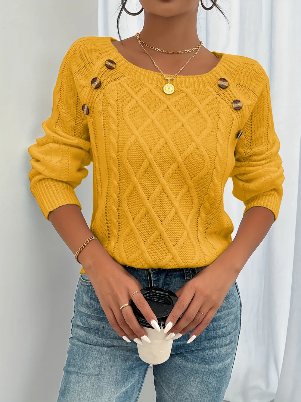 Long Sleeve Cable Knit Sweater, Casual Crew Neck Sweater, Women's Clothing