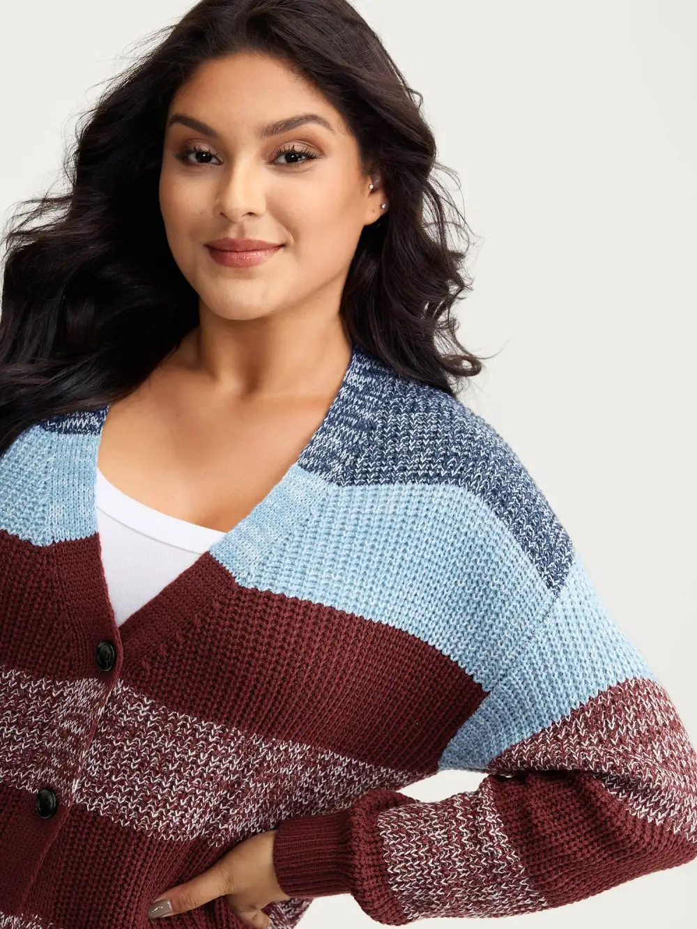 Colorblock Buttons V-Neck Knit Cardigan