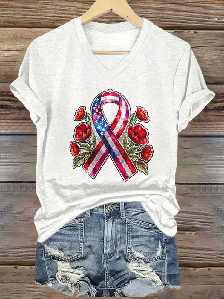 Women'S T-Shirt With Pattern Printing, Pure Cotton V-Neck Short-Sleeved T-Shirt