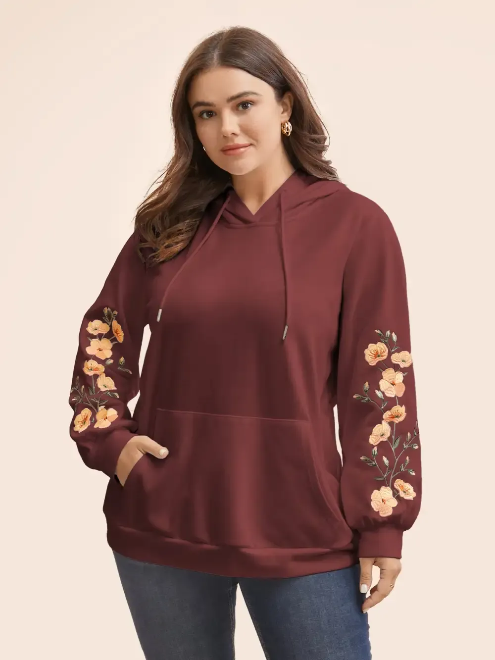 Floral Embroidered Hooded Drawstring Sweatshirt