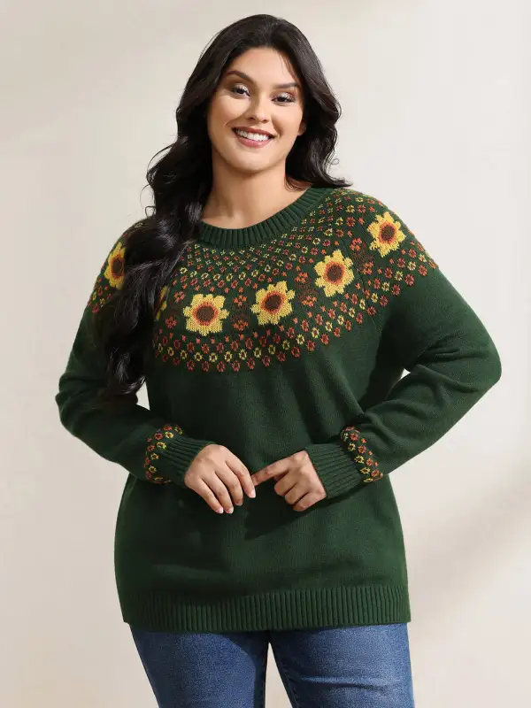 Fair Isle Floral Pattern Ribbed Hem Pullover