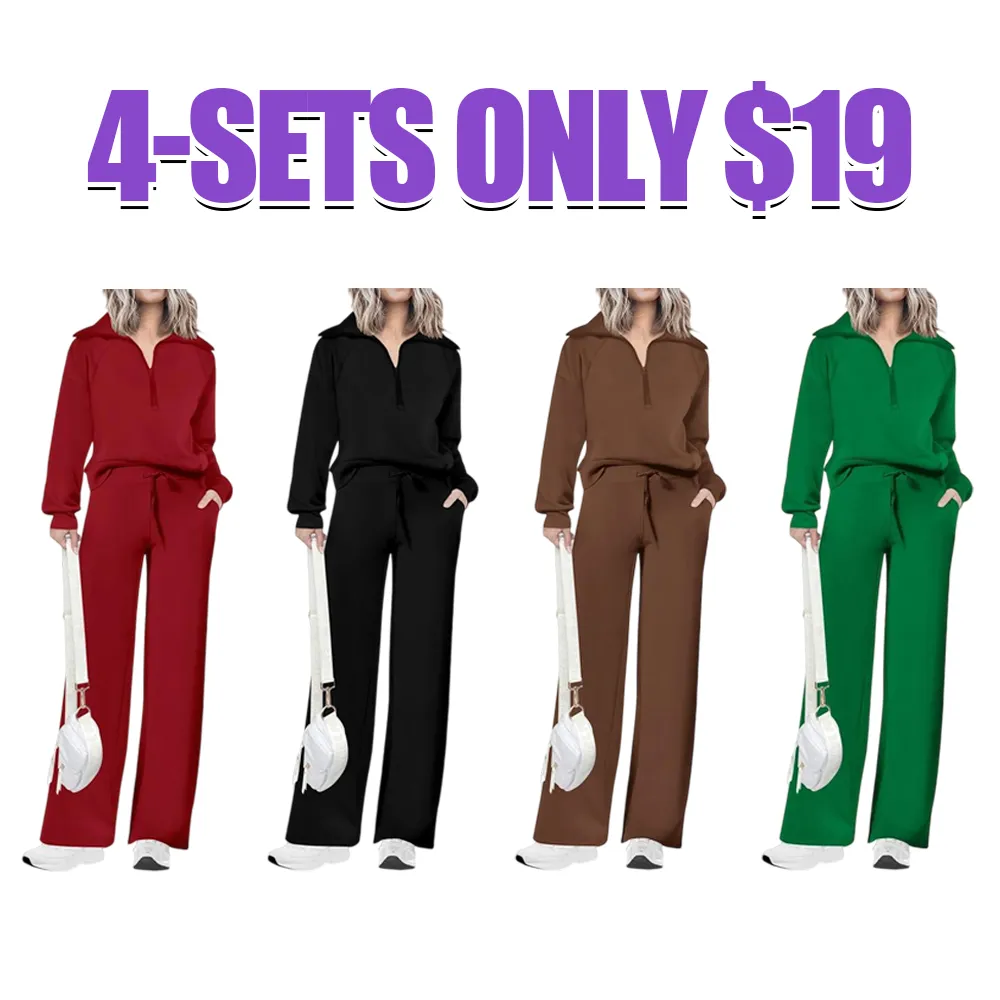 Women'swear Chic 2-Piece Set Outfits Half Zip Style Sweatshirts And Wide Leg Pants With Drawstring