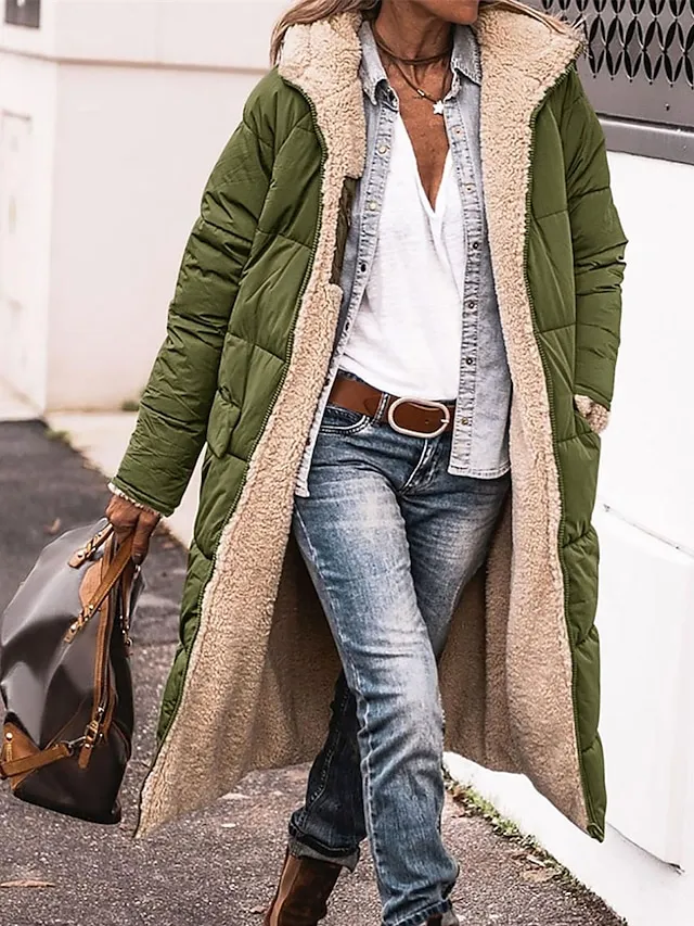 Women's Long Puffer Jacket Winter Fleece Parka  Reversible Thermal Warm Windproof Winter Coat Hooded Jackets