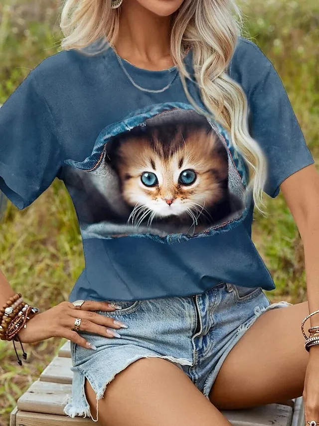 Women's T shirt Tee 3D cat Animal Print Daily Weekend Fashion Short Sleeve Round Neck White Summer