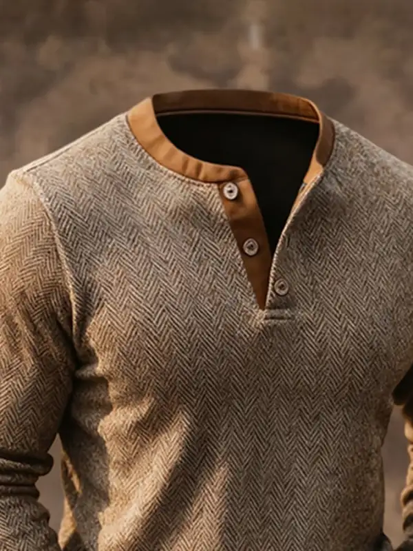 Men's Retro Herringbone Pattern Contrast Color Henley Collar Long Sleeve Sweatshirt