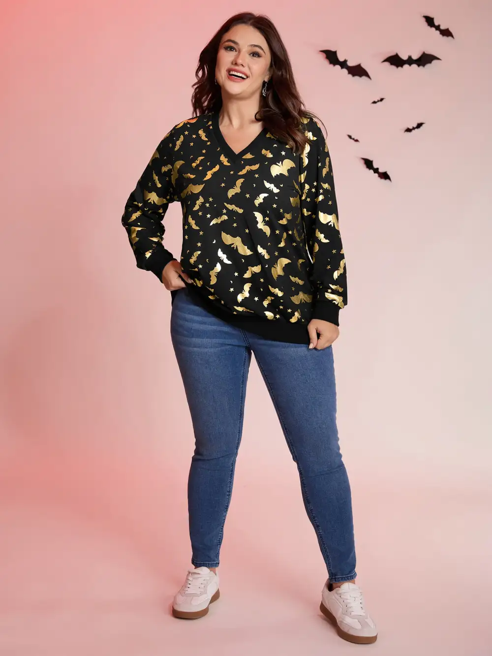 Gold Bat Print Stretchy V-Neck Sweatshirt