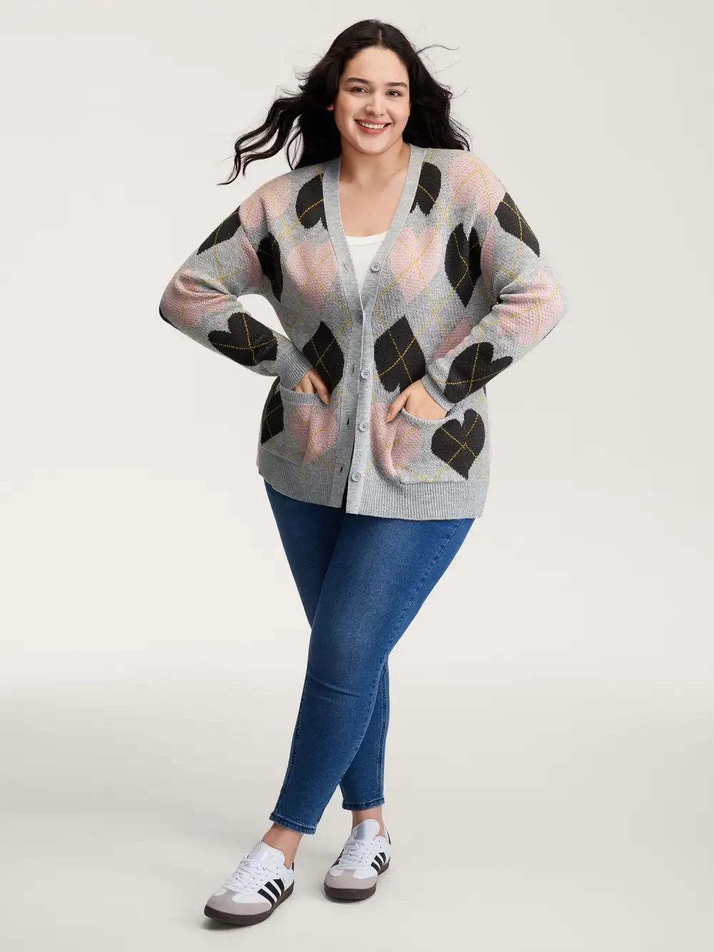 Cozy Hearts Jacquard Pattern Pockets Knit Cardigan