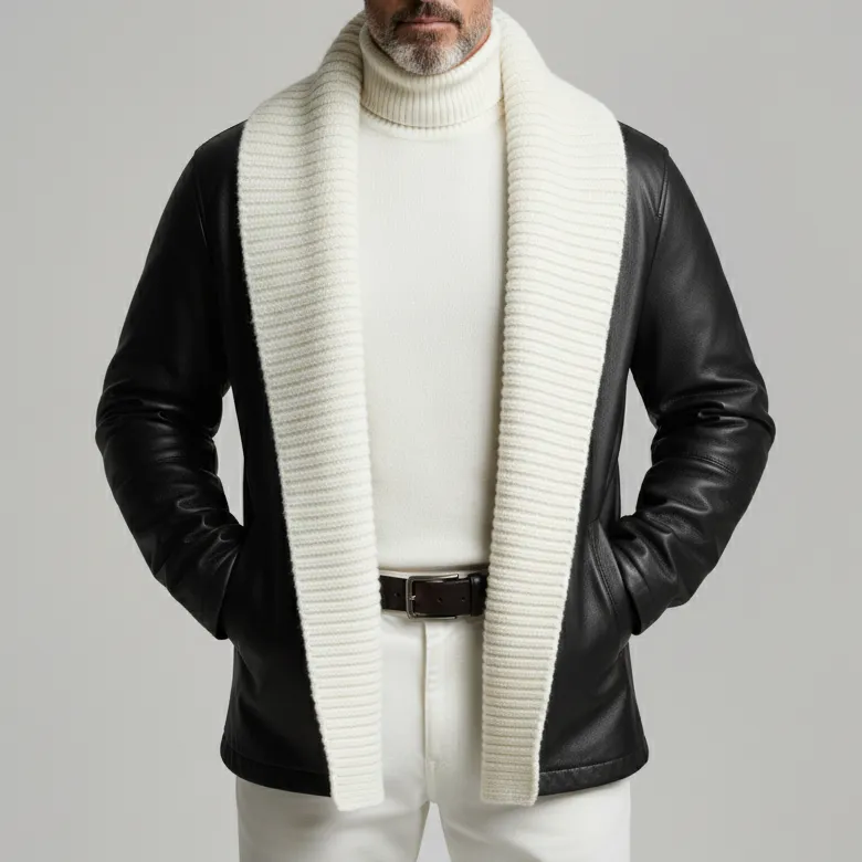 Men's Black Ribbed Knit Shawl Lapel Long Sleeve Pockets PU Leather Cardigan