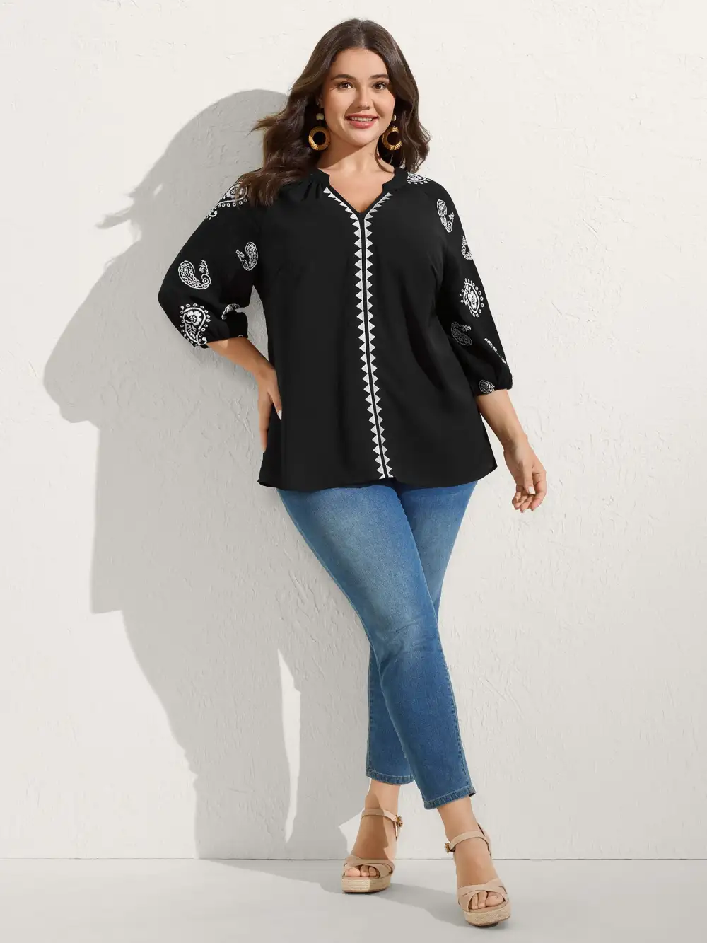 Paisley Embroidered Sleeve Spliced Blouse