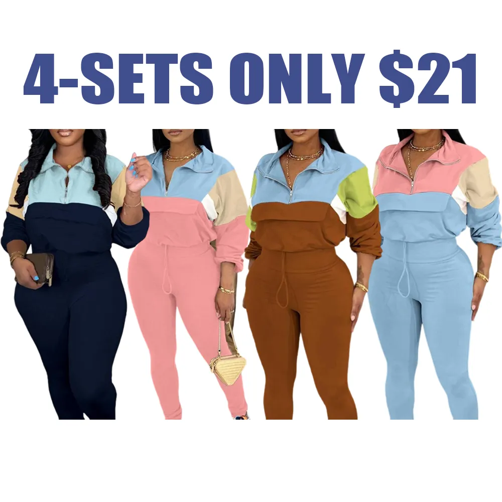 Women's Two - Piece Knit Tracksuit: Zip Jacket & Elastic Waist Pant, Pink - Blue Colorblock