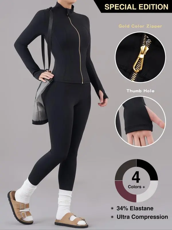Women's Solid Zip Up Jacket & High Waist Leggings Tracksuit Set
