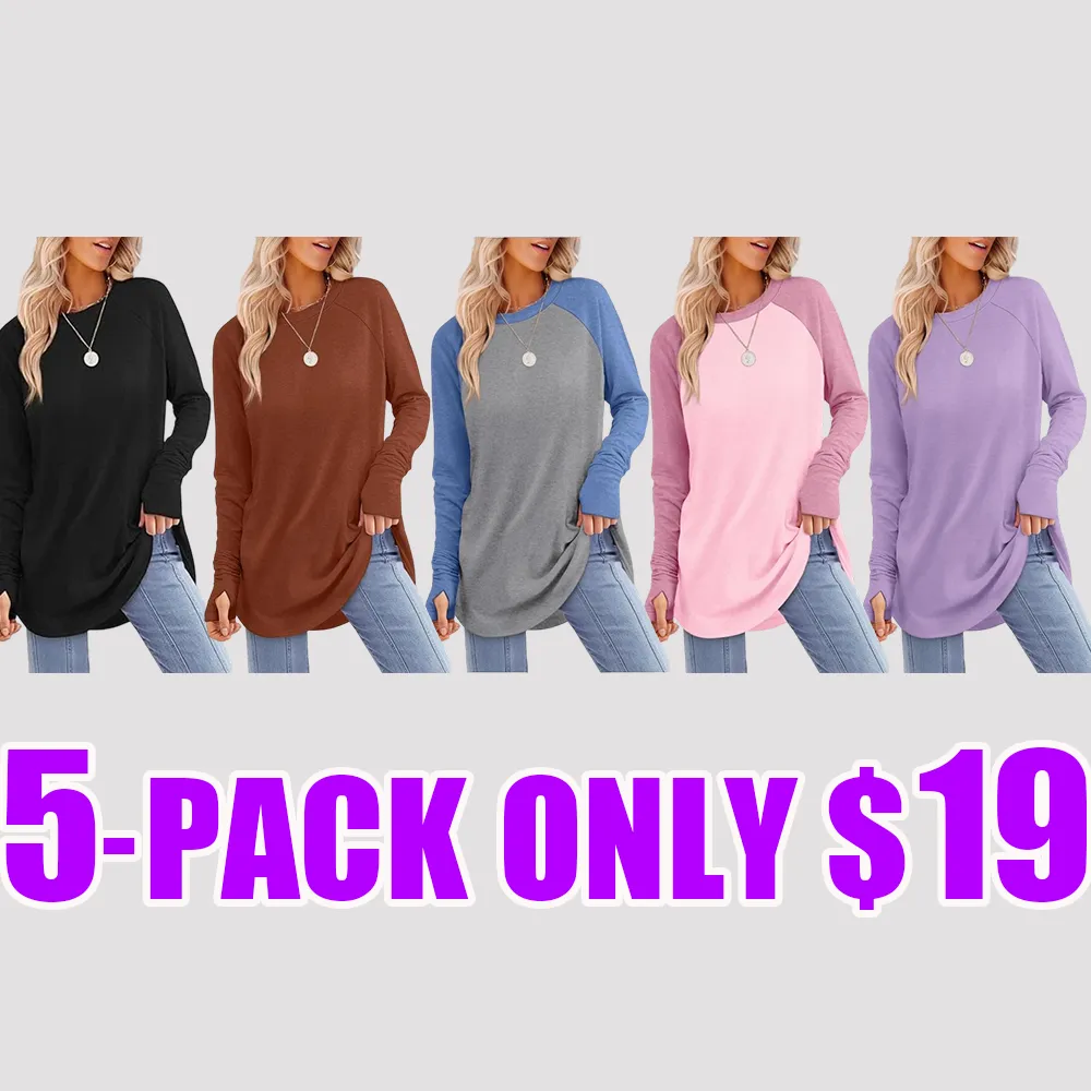 Womens Tunic Tops to Wear with Leggings Long Sleeve Thumb Hole Shirts Crew Neck Curved Hem