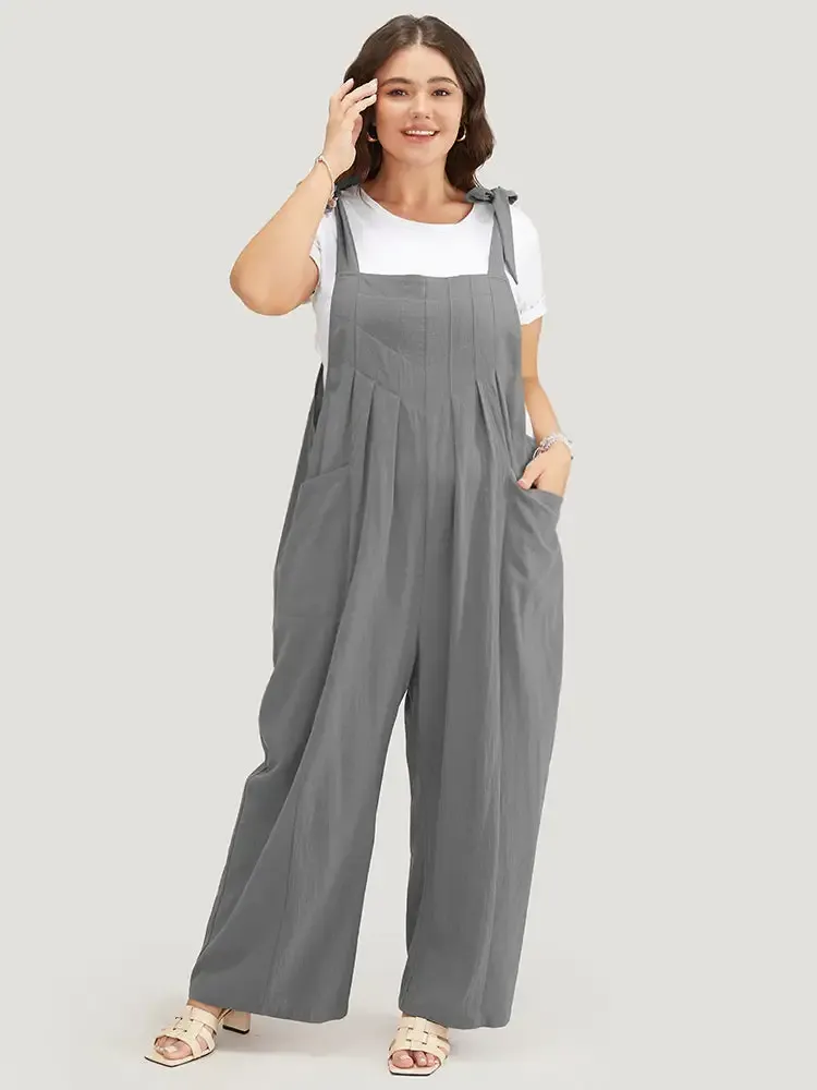 Solid Pleated Detail Pocket Knotted Shoulder Overall Jumpsuit