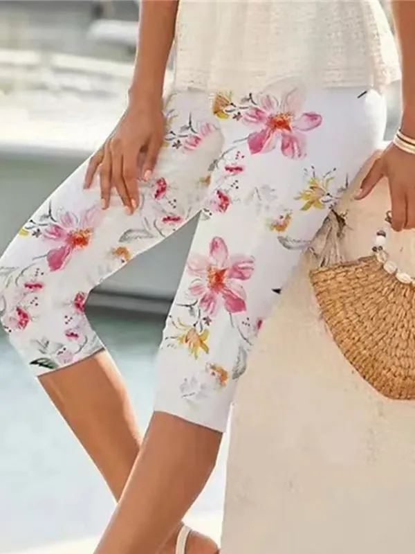 Women's Leggings Capri shorts White Pink Purple Fashion Holiday Weekend Calf-Length Comfort Floral S M L XL 2XL