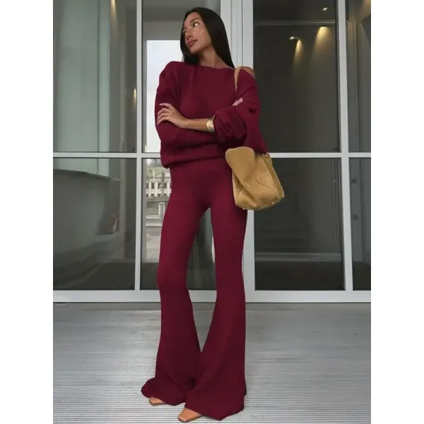 Women's Solid Asymmetrical Neck Top & Flare Leg Pants Set