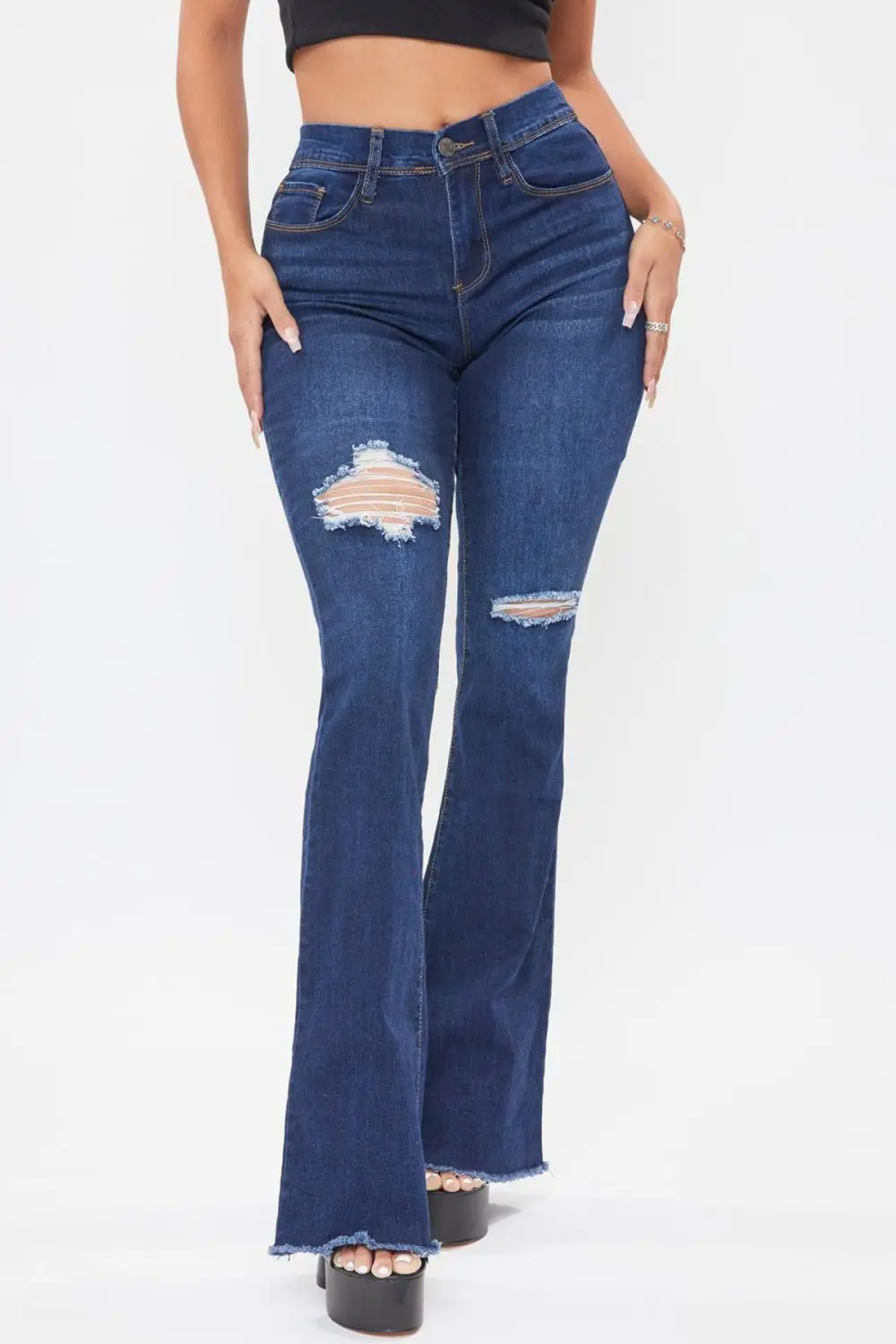 High Waist Button Flare Leg Jeans